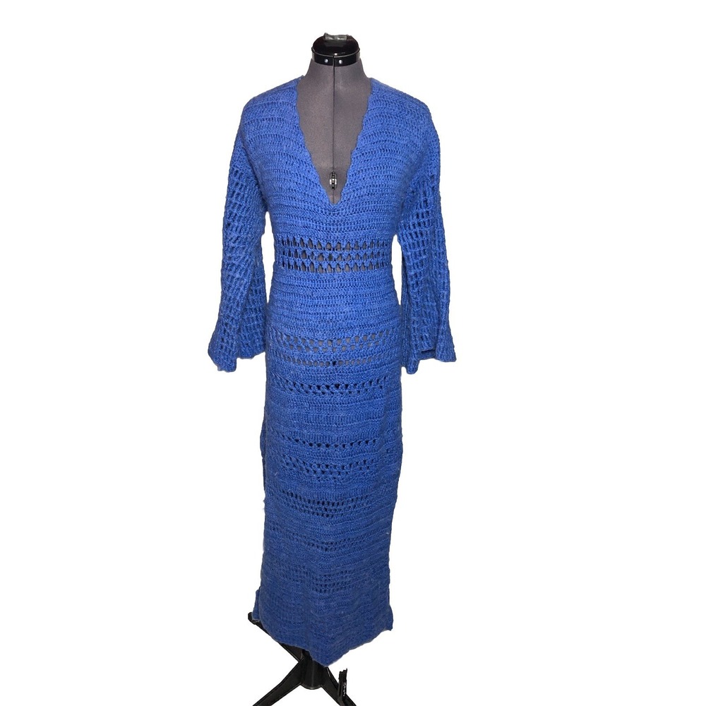 Vintage 70s Blue Crochet Maxi Dress Bell Sleeve Boho Hippie 40-32-40